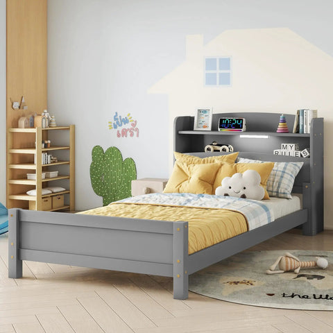 Twin Size Pine Wood Bed With Built In Bookcase Headboard Guardrails And Led Motion Sensor Light Gray Finish For Easy Nighttime Access