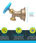 Straight Up Pro Grade 3/4 Inch Push To Connect Brass Hose Bibb With 90 Degree Multi Turn Shut Off Valve For Pex Copper CPVC And Outdoor Hookups Hella Reliable For Tight Spaces, 2.4-inch flange diameter