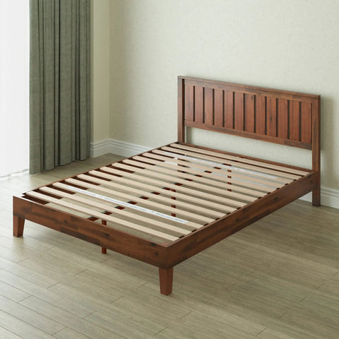 King Size Solid Wood Platform Bed Frame With Antique Espresso Finish And Integrated Headboard featuring heavy duty slat support and no box springs.
