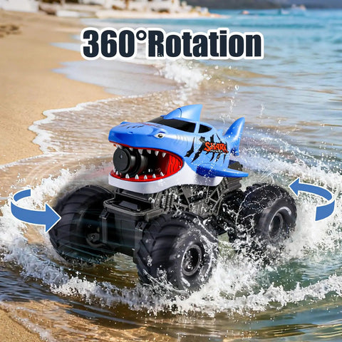 Beast Amphibious Remote Control Shark Monster Truck performing 360° rotation on beach, 4WD All Terrain RC Car for water play