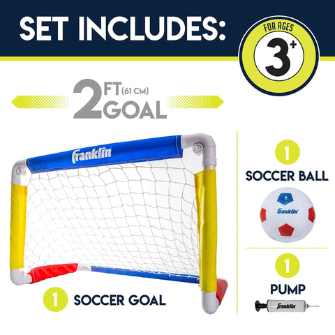 Kids Soccer Goal With Ball And Pump 24 By 16 Inch Easy Assemble Insta Set includes 24x16 goal, soccer ball, and pump for ages 3+
