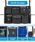 Badass Utility Trash Can Caddy Bag With Dope Storage Pockets For 32 To 55 Gallon Garbage Bins showing various storage pockets and straps.