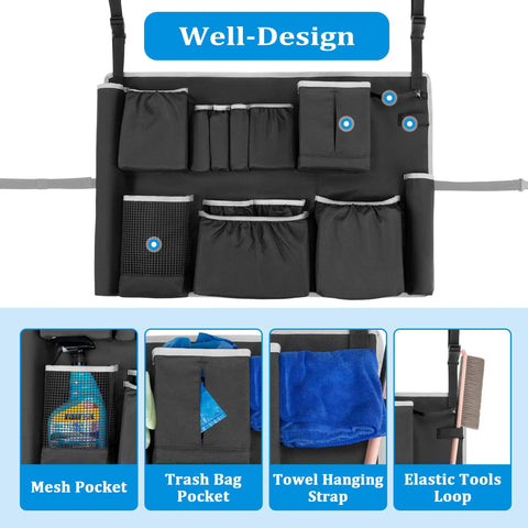 Badass Utility Trash Can Caddy Bag With Dope Storage Pockets For 32 To 55 Gallon Garbage Bins showing various storage pockets and straps.