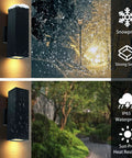 Up And Down Outdoor Wall Light With Dusk To Dawn Sensor Pack Of 2 Matte Black Exterior Sconces in snow and rain showing IP65 weatherproof feature