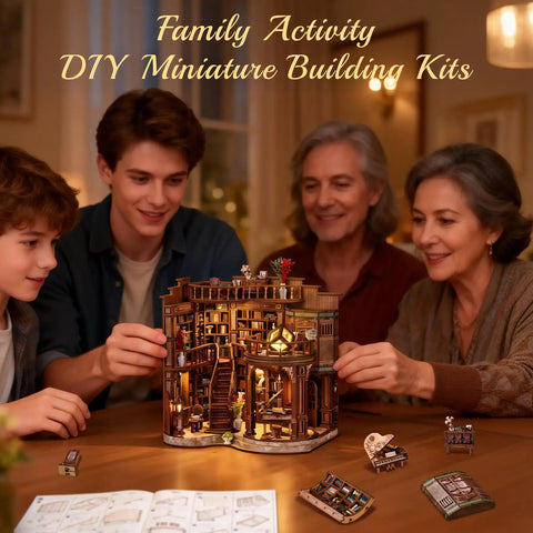 Family assembling Cozy Chill Book Nook Kit For Adults, DIY Miniature Dollhouse Kit With 3D Wooden Puzzles and LED light, smiling together.