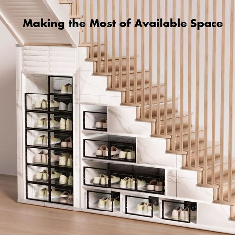 15 Pack Clear Plastic Stackable Shoe Organizer Set With Interlocking Lids for closet space under stairs