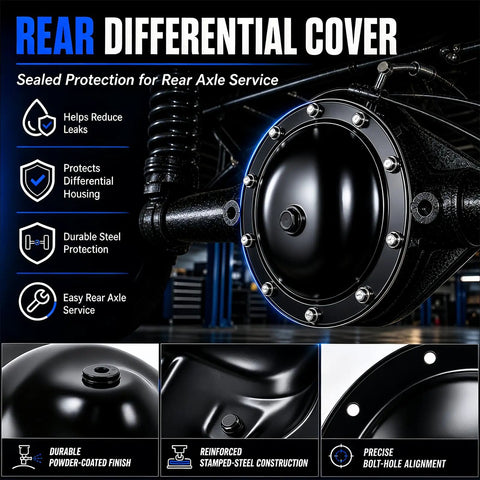 Rear Differential Cover With Gasket For Chevy GMC Sierra Tahoe Yukon Blazer Jimmy S10 Sonoma Suburban C1500 K1500 1998 2008 Models Heavy Duty Steel Construction Direct Bolt On Upgrade Kit, black steel rear axle cover