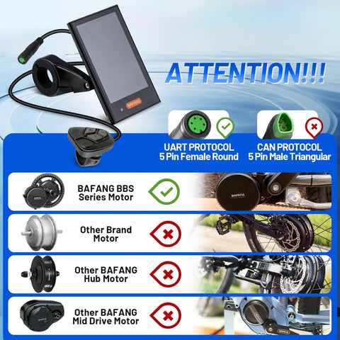 Ebike Display DPC18 for BBS01B BBS02B BBSHD UART Version Mid Drive Motor with connector types, compatible motors shown.
