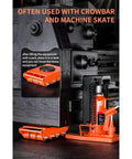 High Capacity Hydraulic Claw Jack Rated For 25 Ton Toe And 50 Ton Top Lift compact jack in use with crowbar and machine skate.
