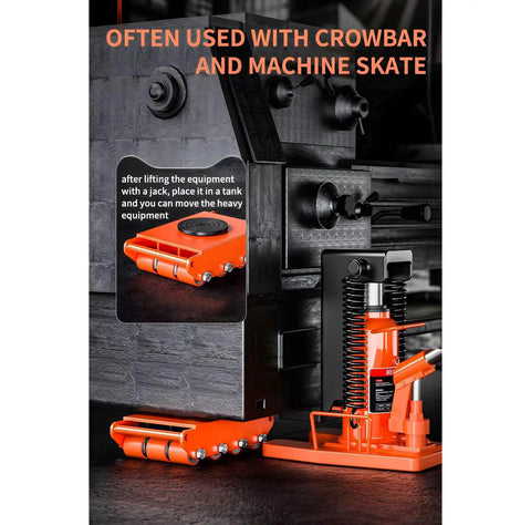 High Capacity Hydraulic Claw Jack Rated For 25 Ton Toe And 50 Ton Top Lift compact jack in use with crowbar and machine skate.