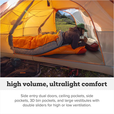 Inside Copper Spur UL Ultralight Backpacking Tent For Two People, 3 Season Waterproof Shelter, person in sleeping bag, Lichen Green