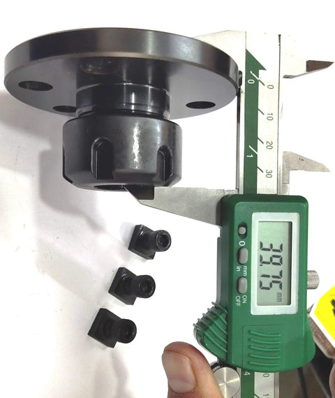 Dope 3 Inch Tilting Rotary Milling Indexing Table with 80mm clamp kit and ER collet adaptor, measuring caliper showing dimensions