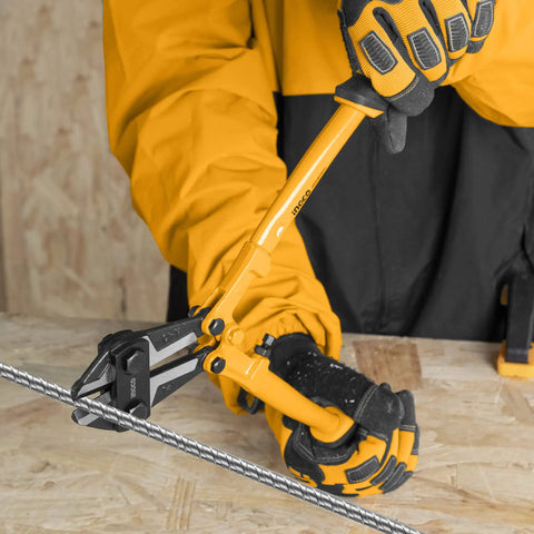 14 Inch Heavy Duty Bolt Cutter with Beefy Cutting Power for Wire Cable Chain Link and Fence in action on metal wire