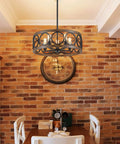 Black 22 Inch Drum Chandelier With Wood Grain Finish Modern Farmhouse Pendant Light Dope 5 Lights Round Hanging Fixture