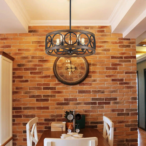 Black 22 Inch Drum Chandelier With Wood Grain Finish Modern Farmhouse Pendant Light Dope 5 Lights Round Hanging Fixture