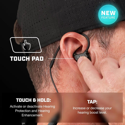 Person using GS Extreme 3.0 Shooting Ear Protection Earbuds With SonicShieldX Noise Cancellation And 5x Hearing Boost