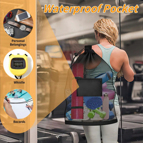 Woman carrying Massive Mesh Ball Bag For Coaches, Heavy Duty Drawstring Storage Sack With Shoulder Strap And Pocket, 24 By 36 Inches Holds 8 To 10 Soccer Balls Or 8 To 10 Basketballs, Plus Footballs And Volleyball Gear, showing pocket feature.