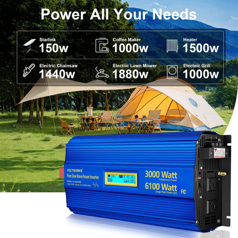 Powerful 3000W Pure Sine Wave Inverter For Off Grid Power 12V To 110V AC With 6100W Surge For 2 Seconds in a campsite.