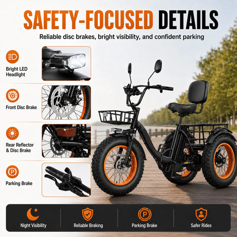 Electric Tricycle For Adults With 1350W Peak Motor Folding 3 Wheel Ebike 48V 15.6Ah Battery 20 Inch Fat Tire Beast 20 MPH Top Speed Differential Drive Black And Orange, front brake detail