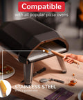 Pro Grade Home Pizza Oven Accessories Kit 6 Piece Set With Peel Oven Brush Bubble Popper Turner Rocker Cutter Dough Roller And Scraper Ideal For Home Pizzeria Nights Easy Safe Handling With Long Handles Durable Materials shown in use with pizza oven