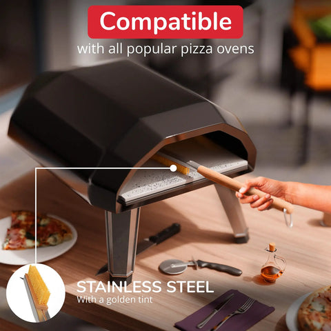Pro Grade Home Pizza Oven Accessories Kit 6 Piece Set With Peel Oven Brush Bubble Popper Turner Rocker Cutter Dough Roller And Scraper Ideal For Home Pizzeria Nights Easy Safe Handling With Long Handles Durable Materials shown in use with pizza oven