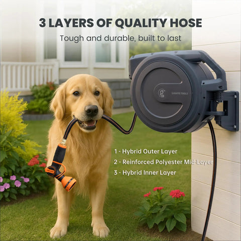 Golden retriever holding hose near Retractable Wall Mounted Garden Hose Reel Half Inch By One Hundred Feet With Auto Rewind And Lock At Any Length In Dark Gray