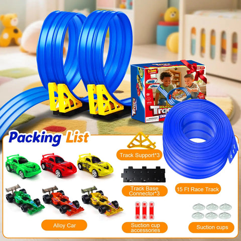 3 Lane Flexible Race Track For Kids With 15ft Bendable Ramp And Suction Cups Portable Roll Up Car Track accessories and cars