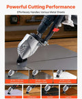 Sheet Metal Cutter Drill Attachment with 360 Degree Pivoting Head cutting various materials including steel and plastic for DIY projects