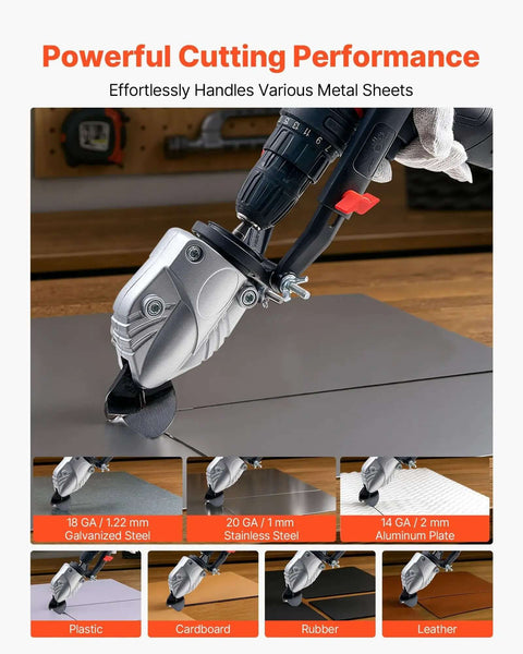 Sheet Metal Cutter Drill Attachment with 360 Degree Pivoting Head cutting various materials including steel and plastic for DIY projects