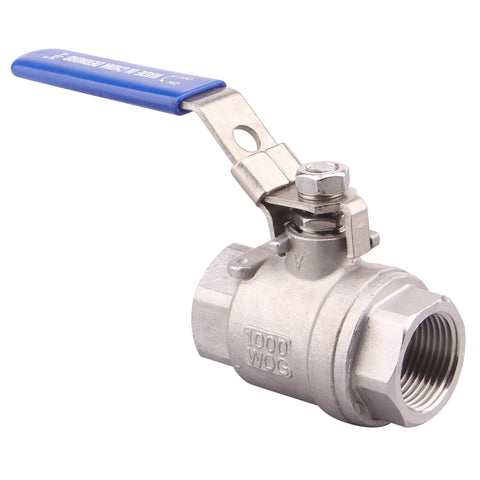 Stainless steel ball valve with blue lever handle and locking device, 3/4 in NPT female threads.