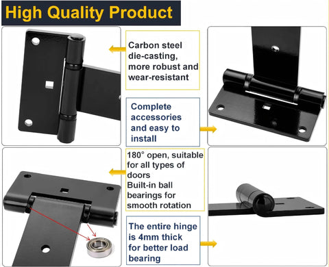 Industrial Strength 12 Inch T Strap Gate Hinges 4mm Thick 180 Degree Swing Rust Proof Black Steel for Barn Doors, Garden Gates
