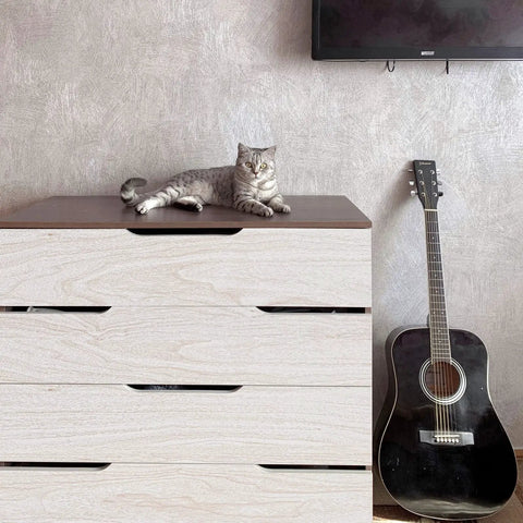 Gray cat on dresser with wood grain peel and stick contact paper for cabinets and drawers, guitar leaning nearby.
