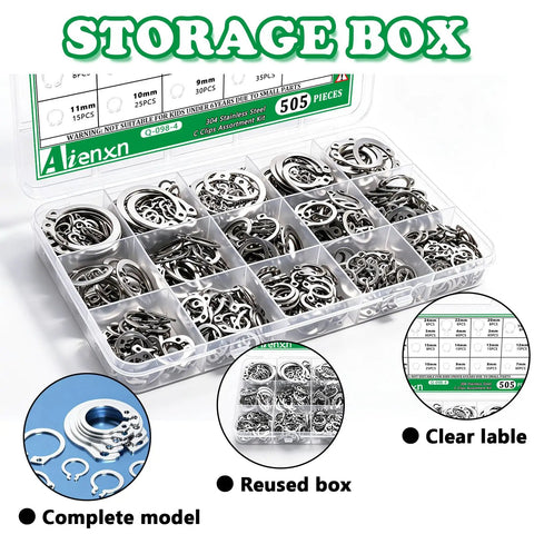 505 Piece C Clips Kit With 19 Sizes External Retaining Rings In 304 Stainless Steel Snap Ring Set From M3 Through M26 in box