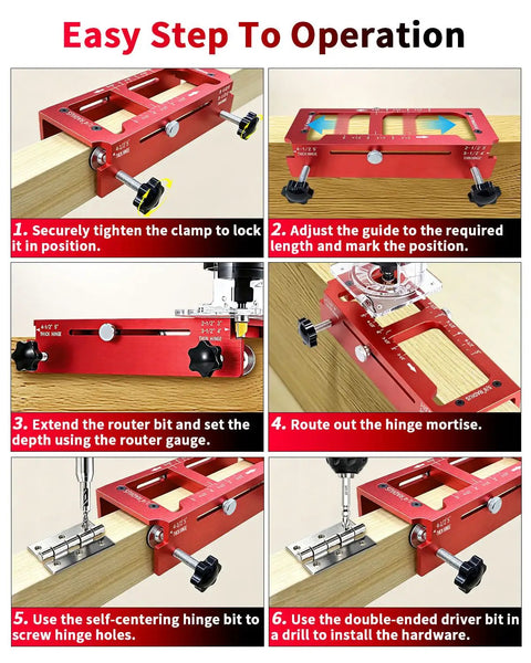 Heavy Duty Door Hinge Jig And Top Shelf Lock Installation Kit Crafted From Solid Aluminum Mortise Template showing easy operation steps.