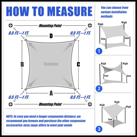 Diagram showing how to measure and install a Beige 8x16 Foot Sun Shade Sail Canopy for Outdoor Patio with tension points and installation methods.