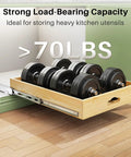 Heavy Duty Wood Cabinet Pullout Organizer With Super Slick Soft Close Glide Rollout Drawer For Pots And Pans Kitchen Storage Rack displaying weights in a wooden drawer.