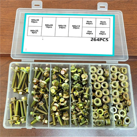 Heavy Duty Alloy Steel Hex Bolts Nuts And Washers Set 264 Piece Zinc Plated Metric Fasteners Kit For DIY Projects And Quick Home Repairs Built Tough For Automotive And Equipment, M6 sizes in organizer
