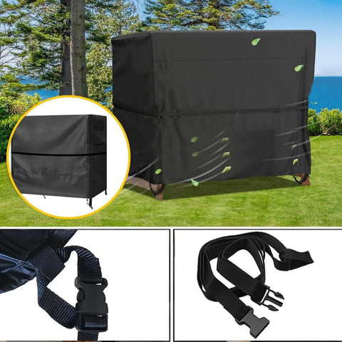 3 Seater Outdoor Swing Cover Beefed Up All Weather Protection Waterproof Patio Hammock Garden Porch Swing Canopy UV Resistant Glider Chair Cover 80 X 59 X 72 Inch displayed on grass with close-up of straps and buckle detail
