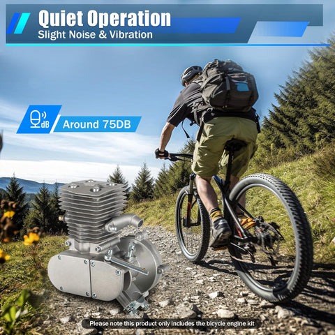 Cyclist riding with 100Cc Bicycle Engine Kit For 26 To 28 Inch Bikes 2 Stroke Gas Motor Conversion in quiet operation mode