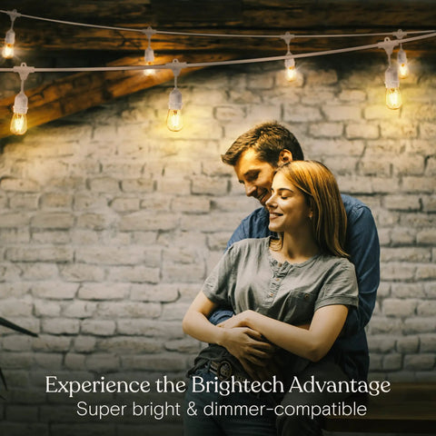 Couple under Waterproof Outdoor String Lights 48 Ft With 15 Dimmable Vintage Edison LED Bulbs 2W Each Hanging Patio Decor