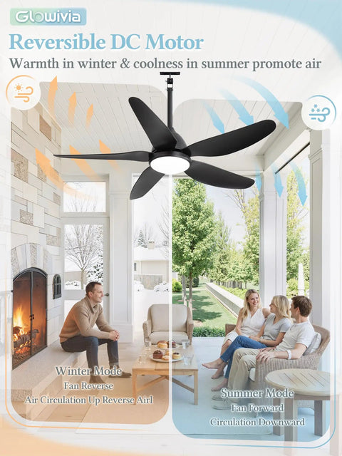 46 Inch Outdoor Ceiling Fan With Lights For Patio Gazebo IP65 Waterproof Remote Control 6 Speeds DC Motor Black Plug In Hanging Fan With 9.9 Ft Power Cord Easy Setup No Wiring Required showcasing reversible DC motor for seasonal use in living room and patio area.
