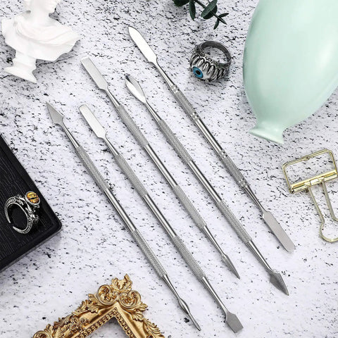 Five Piece Miniature Sculpting Tools Set, stainless steel double-headed craft tools for model making displayed on a marble surface
