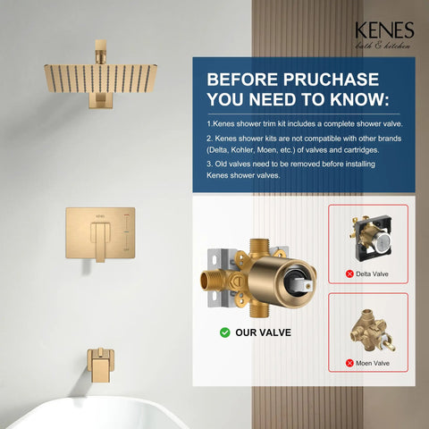 KENES Champagne Bronze Shower Set with Tub Faucet, Square Tub Shower Trim featuring shower head, valve, and control handle.