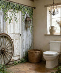 Rustic Barn Door Shower Curtain With Weathered Wood Plank Print Farmhouse Country Retro Vibe Polyester Fabric 70 By 70 Inches Vintage Wagon Wheel Lantern Design Lodge Western Decor For Bathroom in rustic-themed bathroom