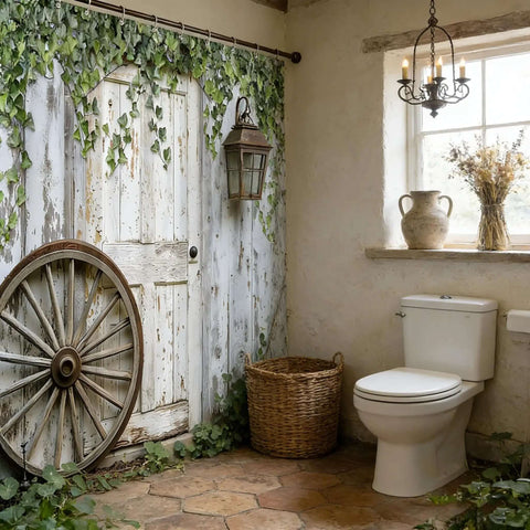 Rustic Barn Door Shower Curtain With Weathered Wood Plank Print Farmhouse Country Retro Vibe Polyester Fabric 70 By 70 Inches Vintage Wagon Wheel Lantern Design Lodge Western Decor For Bathroom in rustic-themed bathroom