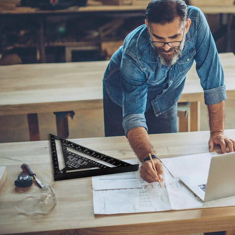 Dead On Twelve Inch Aluminum Rafter Square Top Shelf Carpenter Triangle Ruler Heavy Duty Imperial Layout Protractor on wood table. 