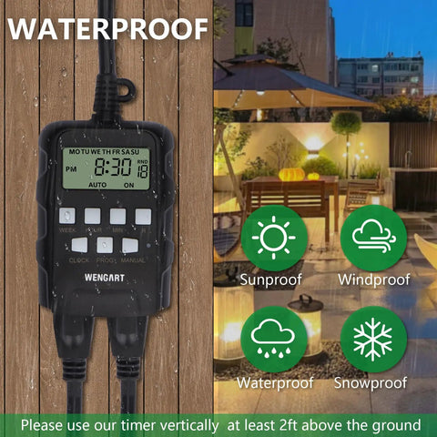 Tough As Nails Outdoor Digital Timer Dual Outlet Weatherproof with digital display and buttons for garden lights and pumps.