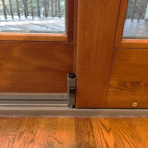 Installed Auxiliary Foot Lock For Gliding Patio Doors Compatible With Andersen OEM Part 1997220 on wooden door