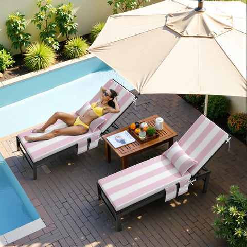 Two Piece Chaise Lounge Cushion Set With Head Pillow And Side Pockets, Water Repellent And Weather Resistant Patio Recliner Cushions For Lawn Pool And Beach, Pink Stripe 72 Inch By 21 Inch