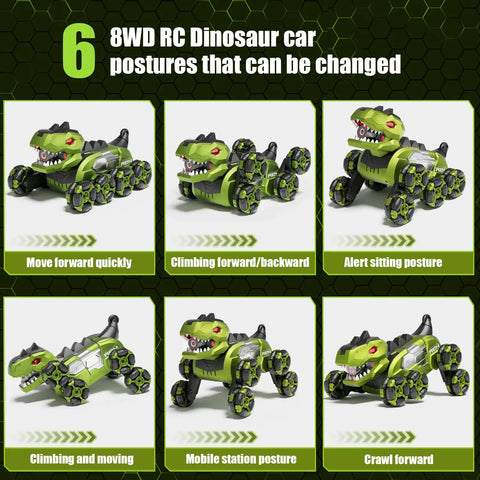 Gesture Sensing Dinosaur Monster Truck Remote Control Car With 8WD Off Road Stunt Vehicle For Kids Aged 6 7 8 9 10 11 12 13 14 Perfect Birthday Gift For Boys And Girls showcasing 6 posture modes.